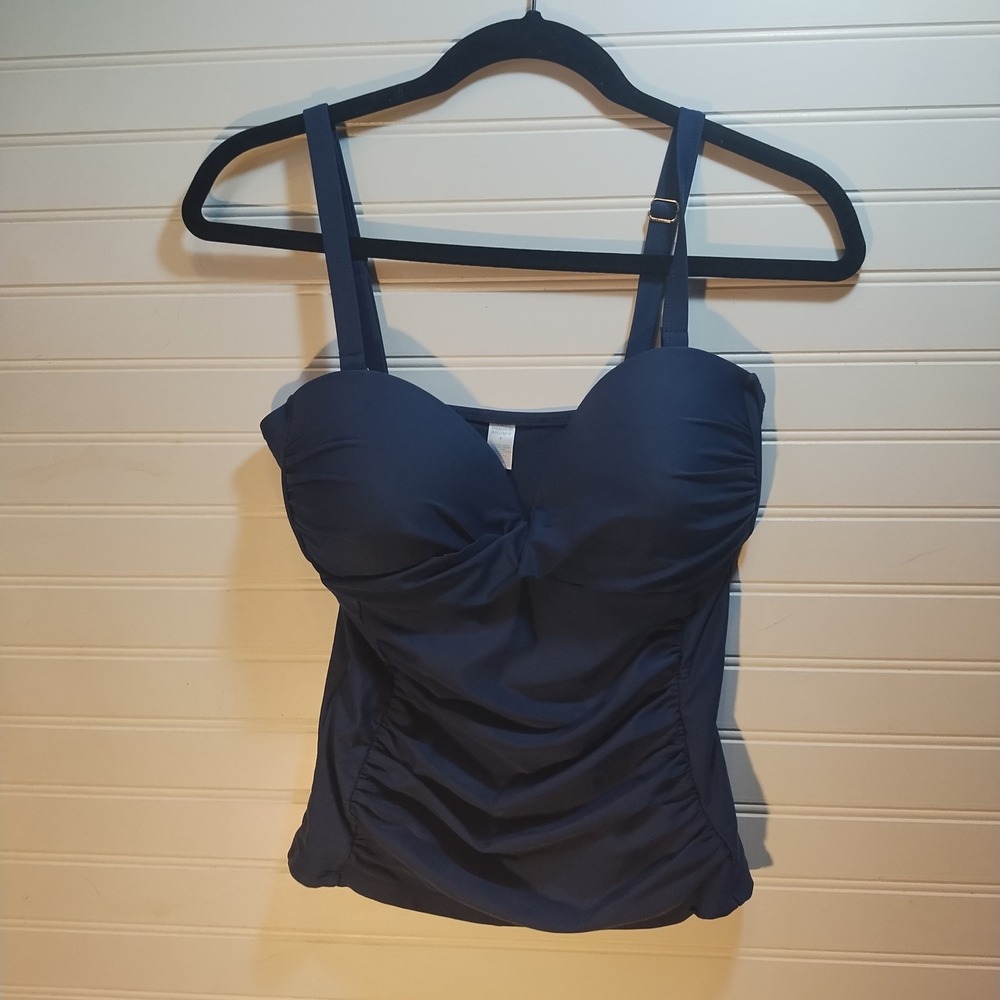 Tropical Escape Navy Blue Ruched Twist Front Tankini Swim Top Size 8 Nautical
